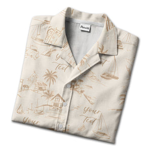 sketch illustrated palm trees & sailboats beach houses hawaiian shirt