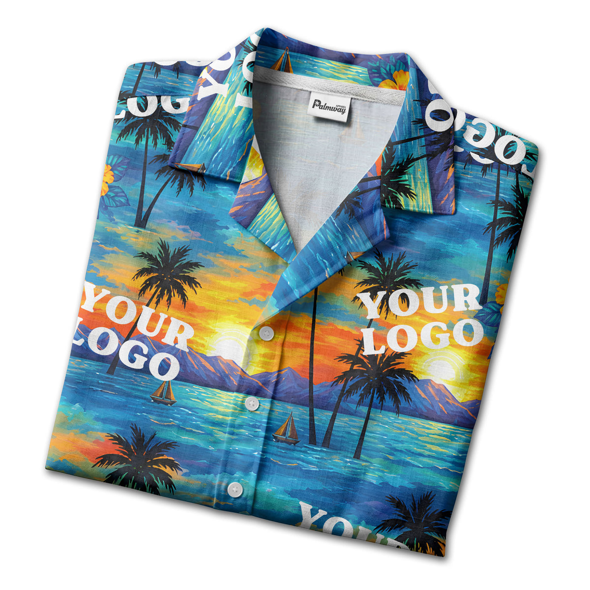sunset palm trees hibiscus sailboats watercolor hawaiian shirt for men