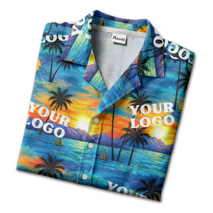 sunset palm trees hibiscus sailboats watercolor hawaiian shirt for men