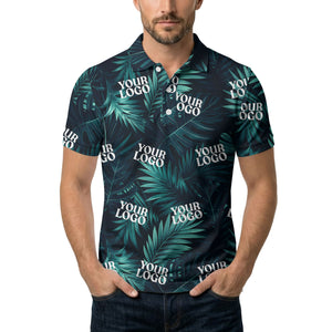 teal palm leaves & custom logo repeat pattern polo shirt