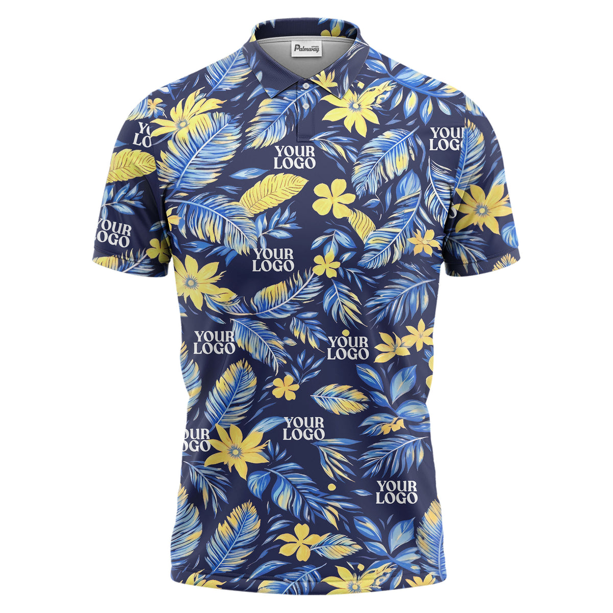tropical floral hawaiian paradise flowers leaves plants black yellow blue green illustrated polo shi polo shirt