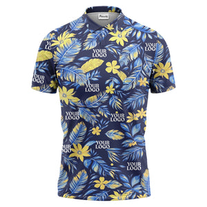 tropical floral hawaiian paradise flowers leaves plants black yellow blue green illustrated polo shi polo shirt