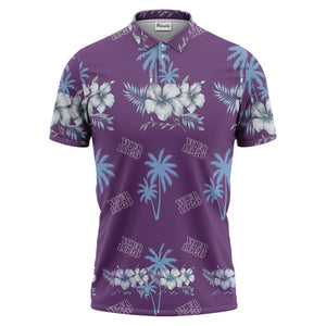tropical hibiscus palm frond custom multi color illustrated vacation golf polo shirt for men