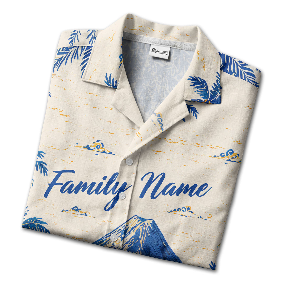 watercolor blue bird soaring over palm trees mountain scene hawaiian shirt