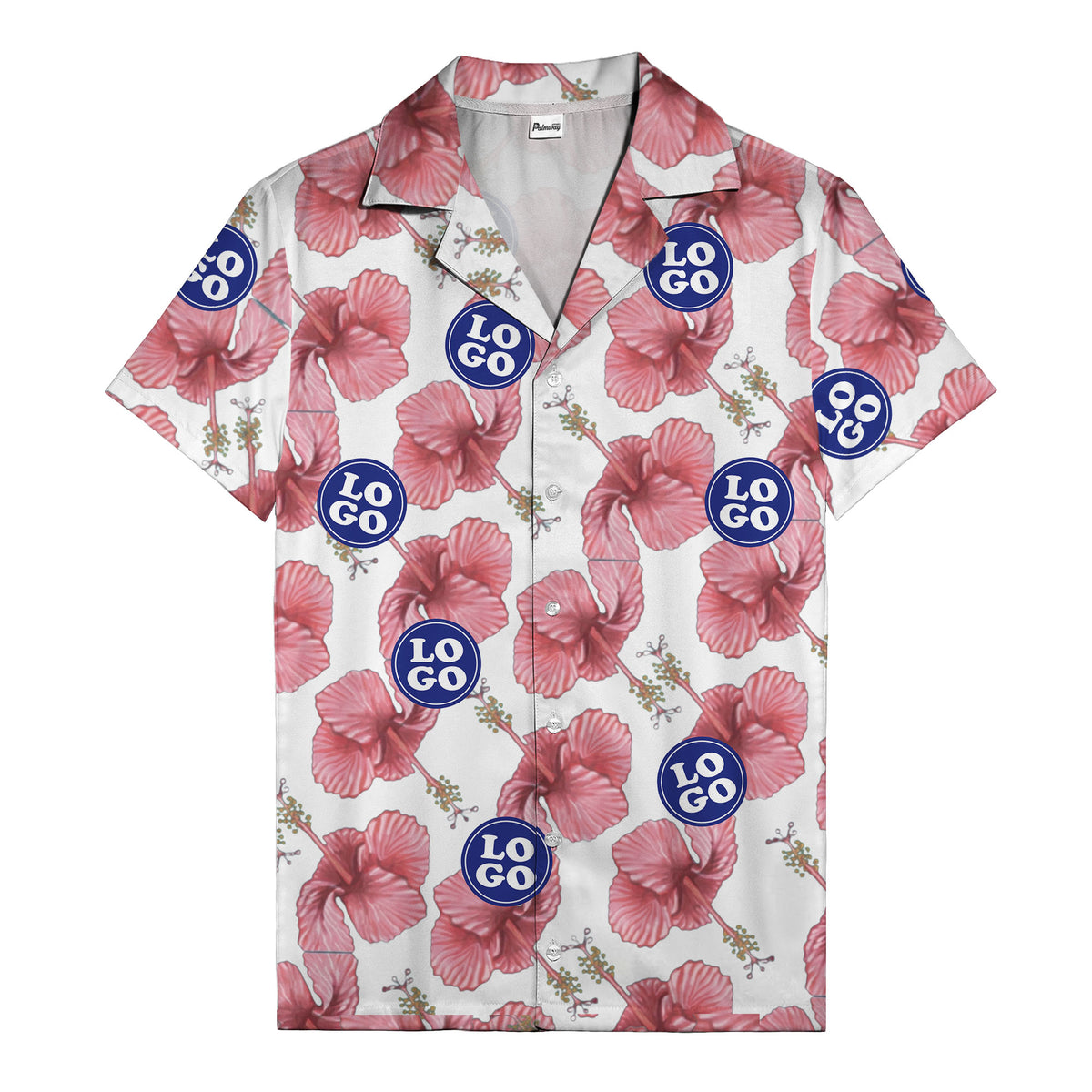 watercolor pink hibiscus & blue logo repeat aloha hawaiian shirt