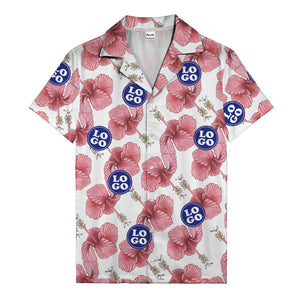 watercolor pink hibiscus & blue logo repeat aloha hawaiian shirt