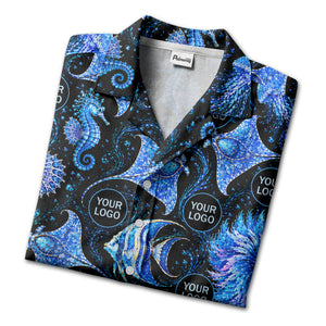 watercolor seahorses jellyfish navy blue hawaiian shirt
