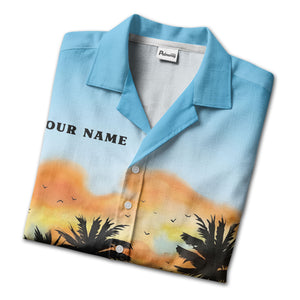 watercolor sunset cruise ship palm trees hawaiian shirt for men