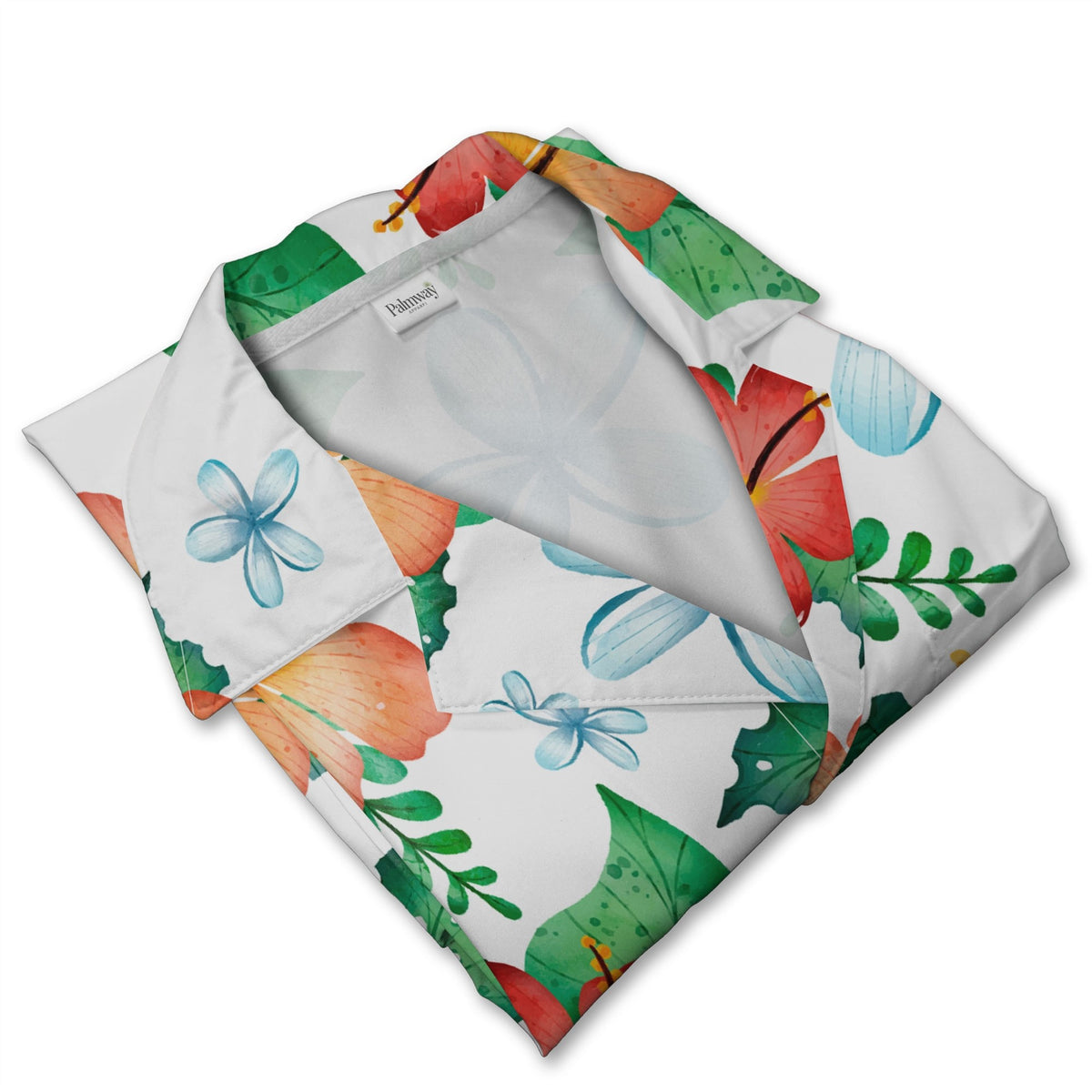 White Watercolor Hibiscus Hawaiian Shirt with Blue Plumeria and Tropical Leaves