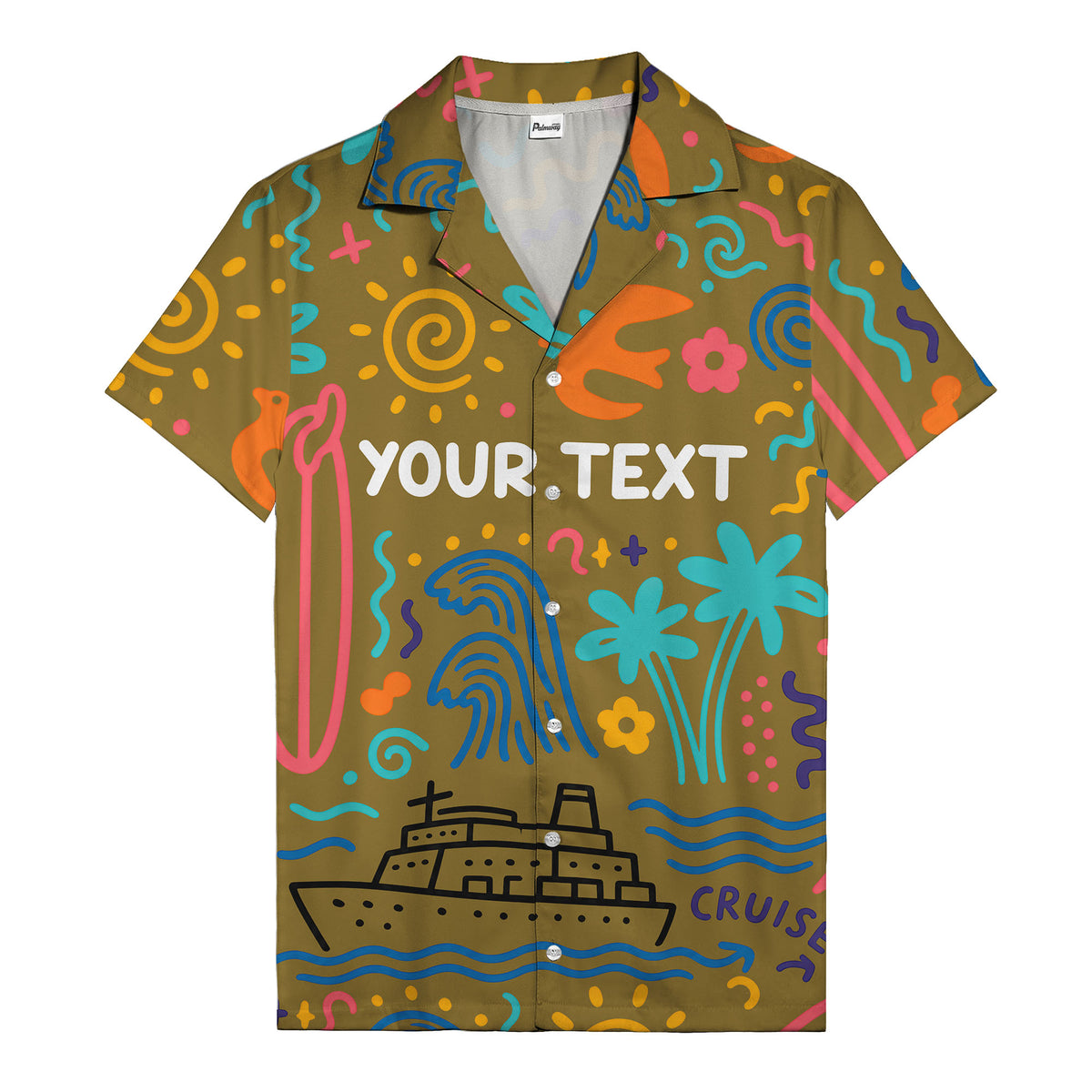 cartoon cruise ship palm trees surfboards wave hawaiian shirt