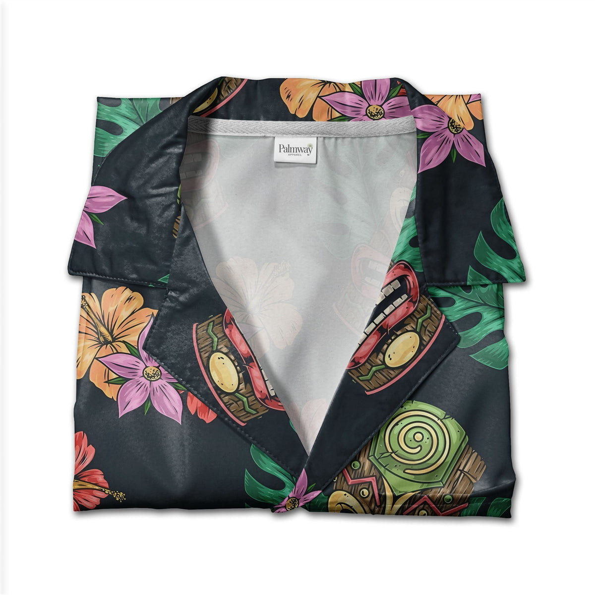 Colorful Tiki Mask Hawaiian Shirt with Hibiscus on Charcoal Grey