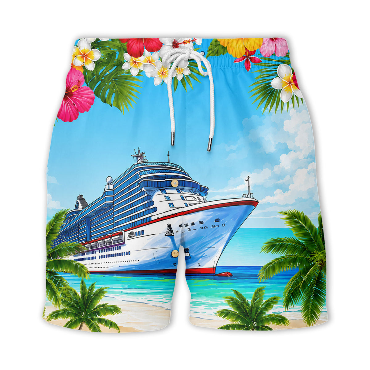 cruise ship hibiscus palm beach scene hawaiian shirt for men