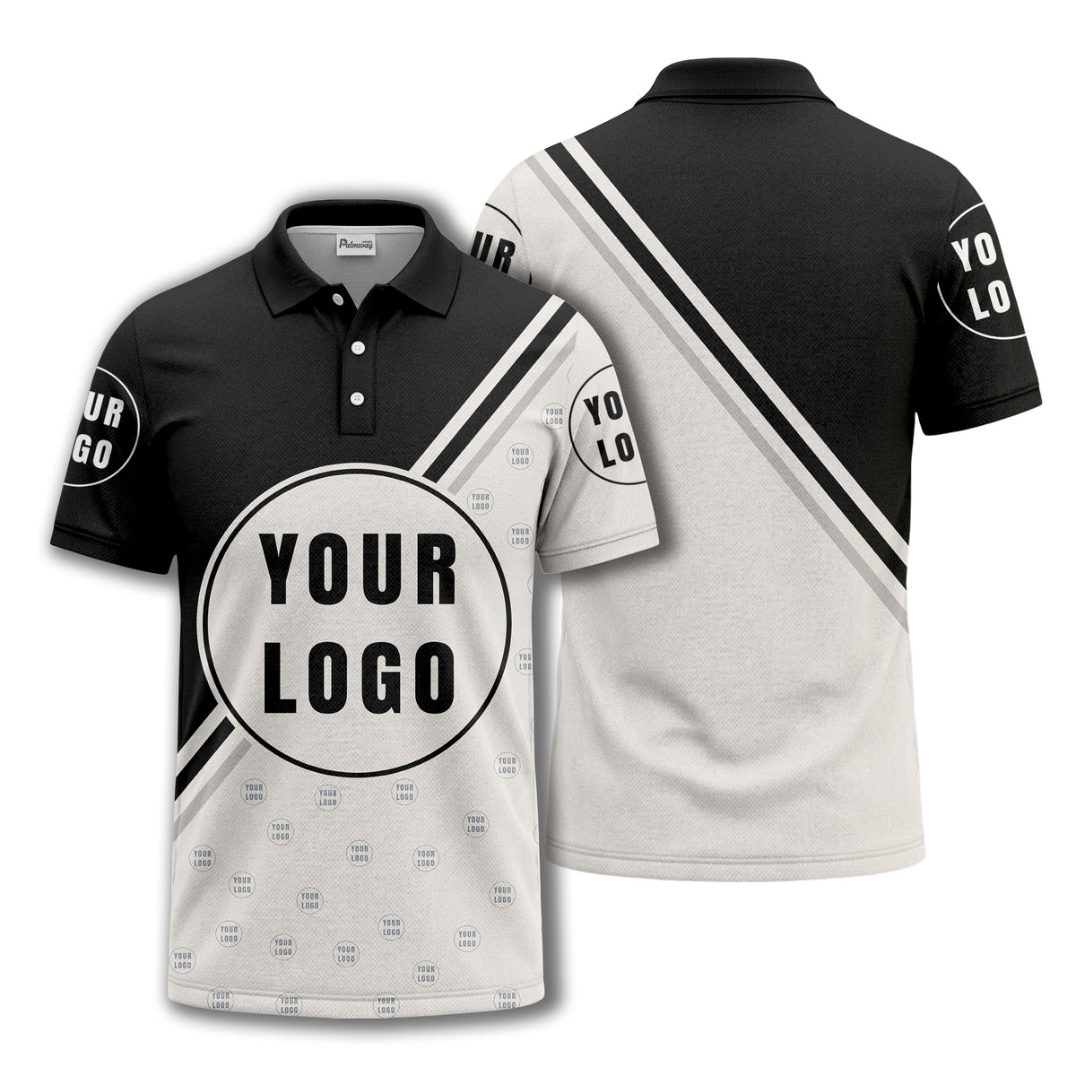 custom logo circles & diagonal stripes all over print polo shirt