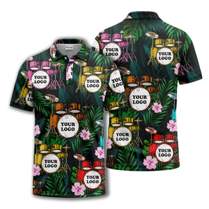 drum kit & hibiscus palm photoreal polo shirt for men
