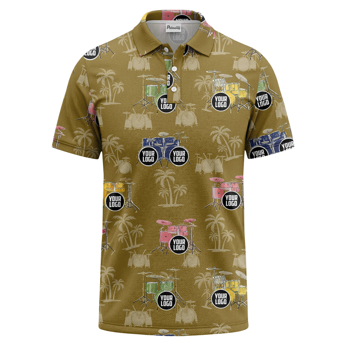 drum kit & palm tree repeat rock band polo shirt for men