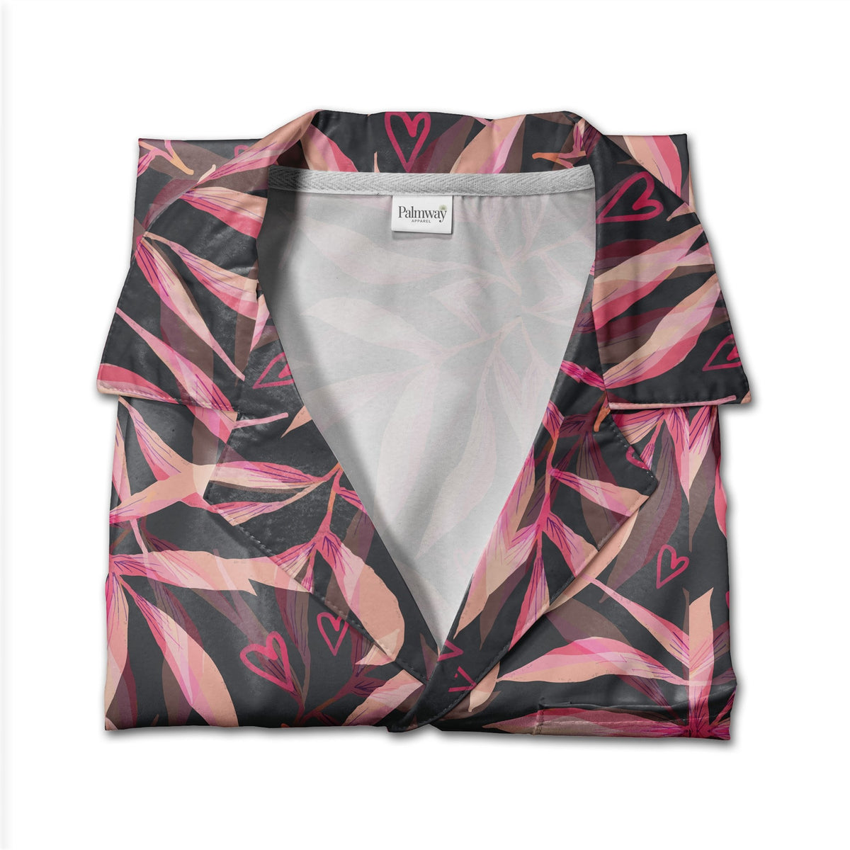 Glossy Hearts Hawaiian Shirt in Bright Pink and Red on Black Background