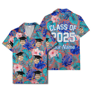 graduation caps tossed over hibiscus blooms on monstera hawaiian shirt