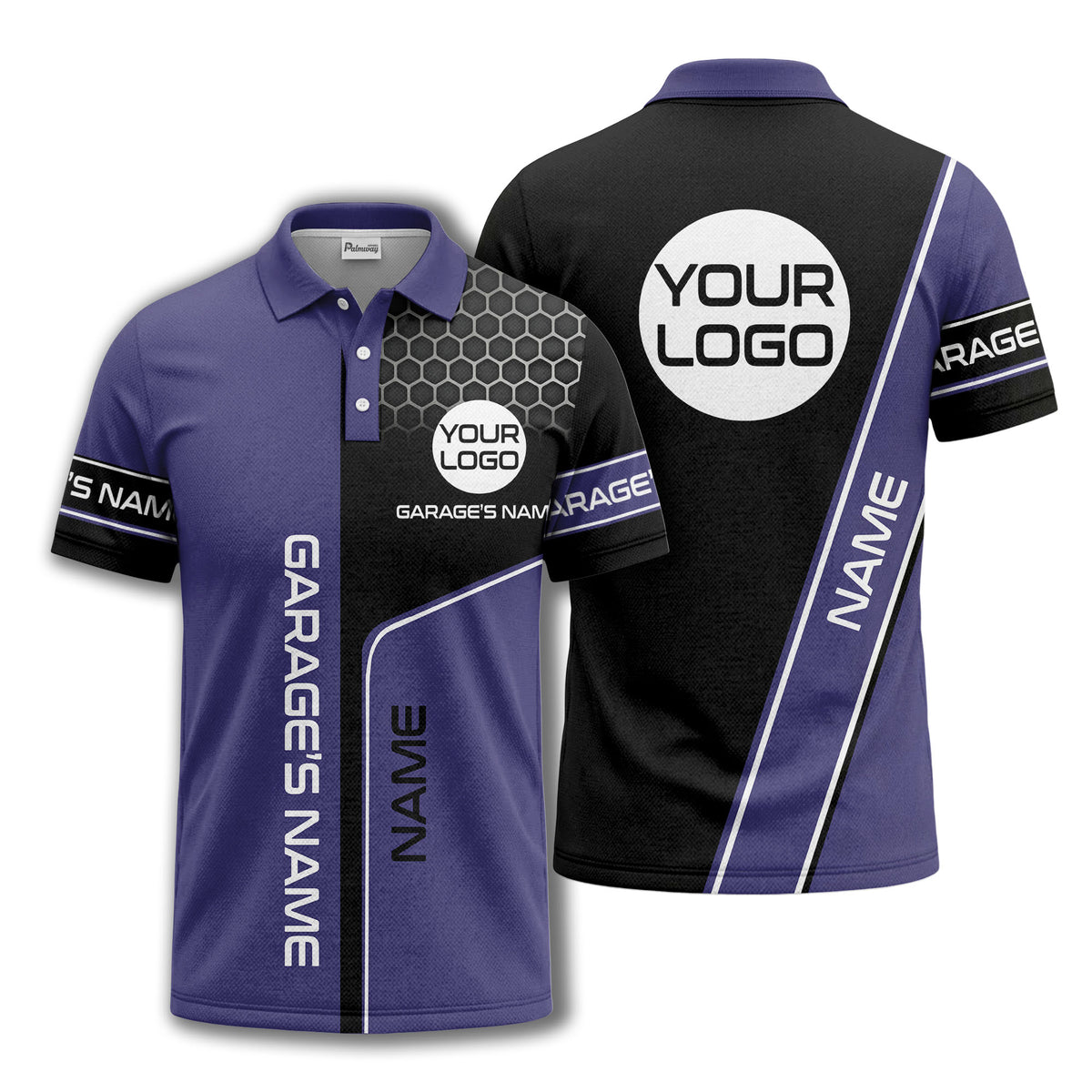 hexagonal grid garage name logo modern automotive polo shirt