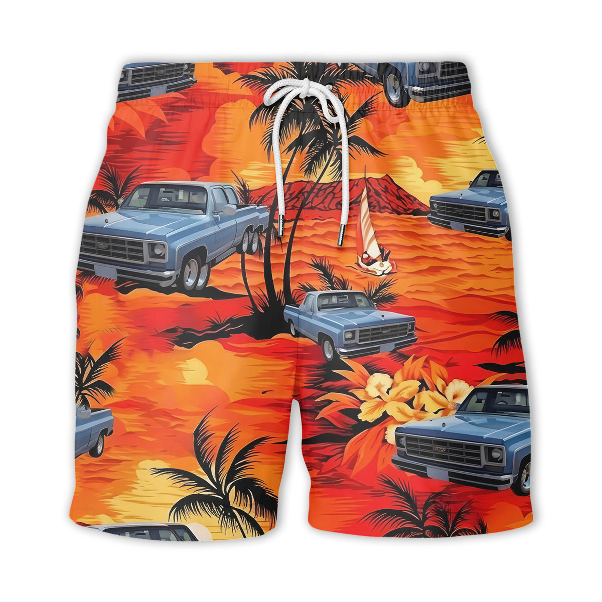 illustrated pickup trucks cruising palms tropical hawaiian shirt for men