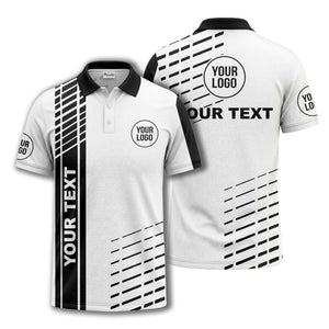 modern vertical stripe & dashed line graphic custom text logo polo shirt