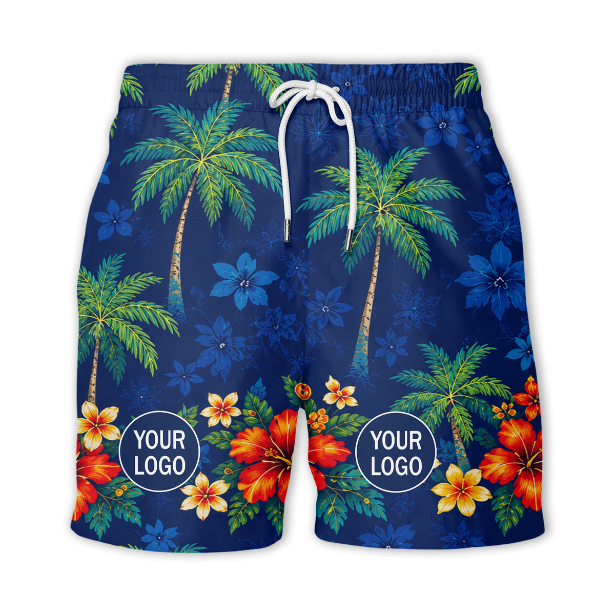 navy blue watercolor palm trees & hibiscus aloha hawaiian shirt