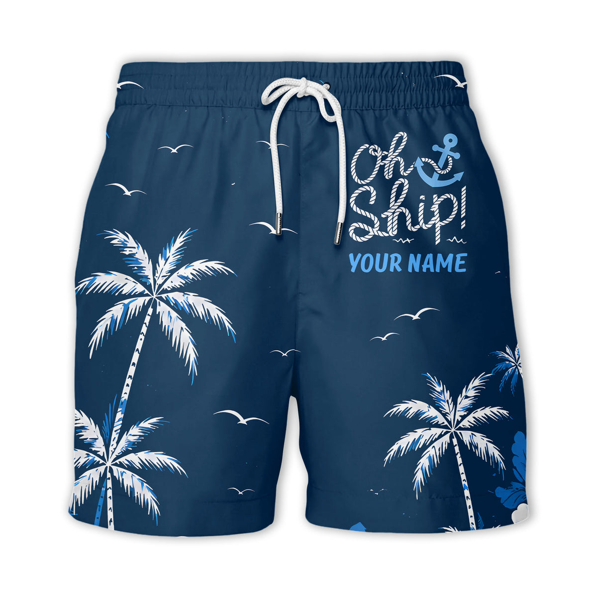 oh ship palm trees hibiscus navy blue watercolor hawaiian shirt for men