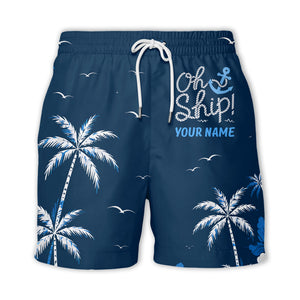 oh ship palm trees hibiscus navy blue watercolor hawaiian shirt for men