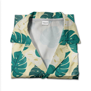 Pale Cream Yellow Modern Graphic Monstera Hawaiian Shirt with Abstract Dots