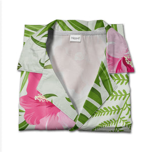 Pale Mint Green Hibiscus Monstera Hawaiian Shirt with Fern and Palm Fronds