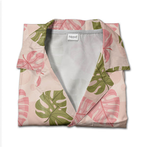 Pale Peach Pink Green Monstera Hawaiian Shirt with Speckled Modern Texture