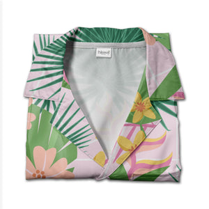 Pale Pink Grid Monstera Heliconia Hawaiian Shirt with Fan Palm and Fern