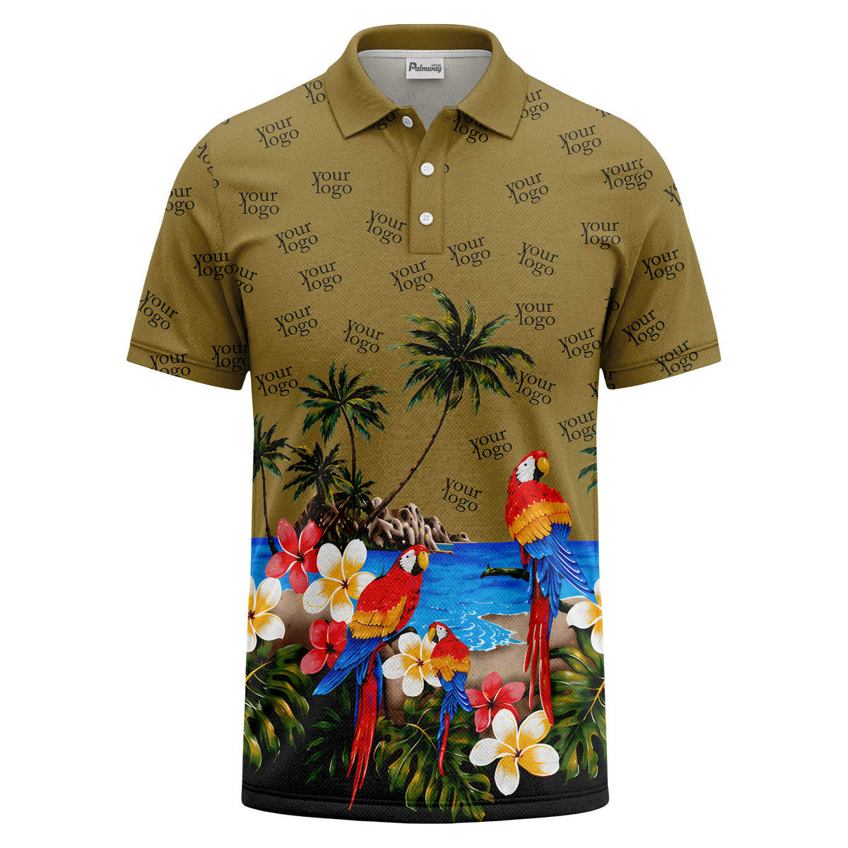 parrot palm plumeria beach watercolor polo shirt