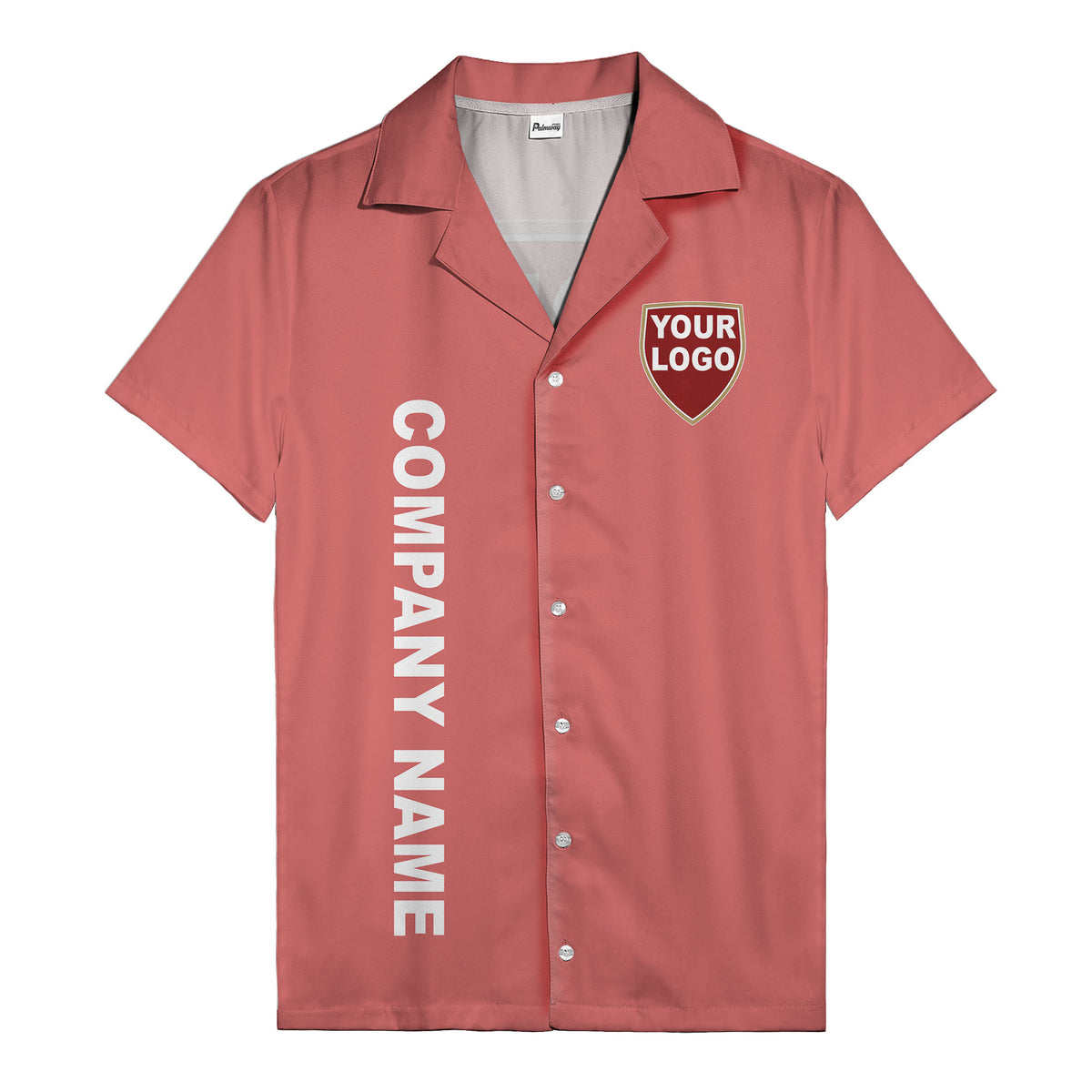 shield logo & vertical text customizable corporate hawaiian shirt