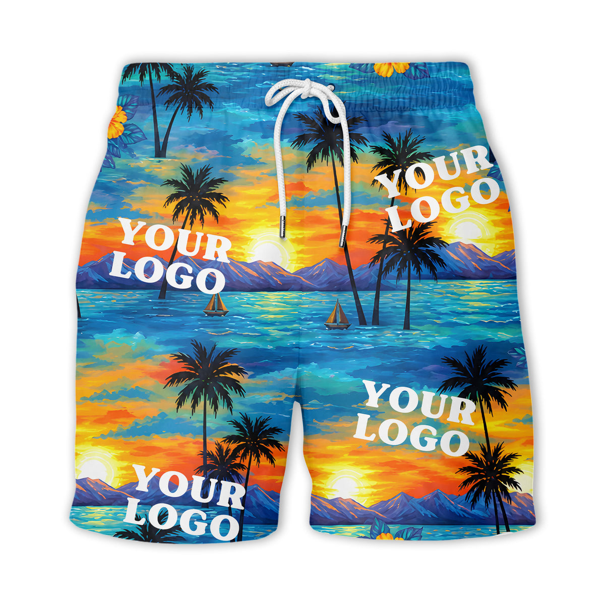 sunset palm trees hibiscus sailboats watercolor hawaiian shirt for men