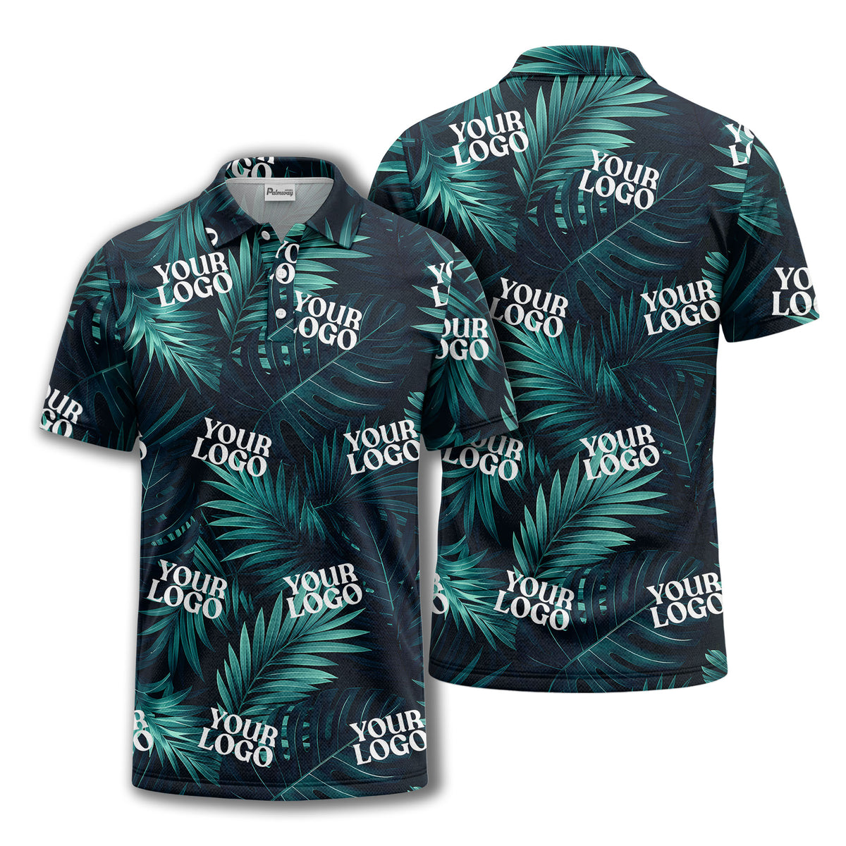 teal palm leaves & custom logo repeat pattern polo shirt