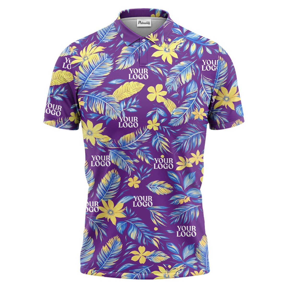 tropical floral hawaiian paradise flowers leaves plants black yellow blue green illustrated polo shi polo shirt