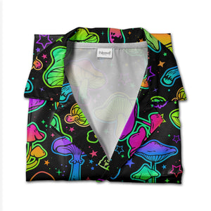Watercolor Amanita and Forest Mushroom Hawaiian Shirt with Leafy Foliage
