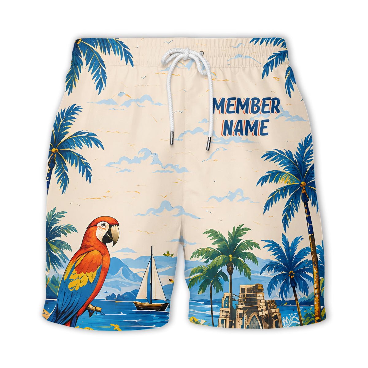 watercolor parrot sailboat castle ruins hawaiian shirt
