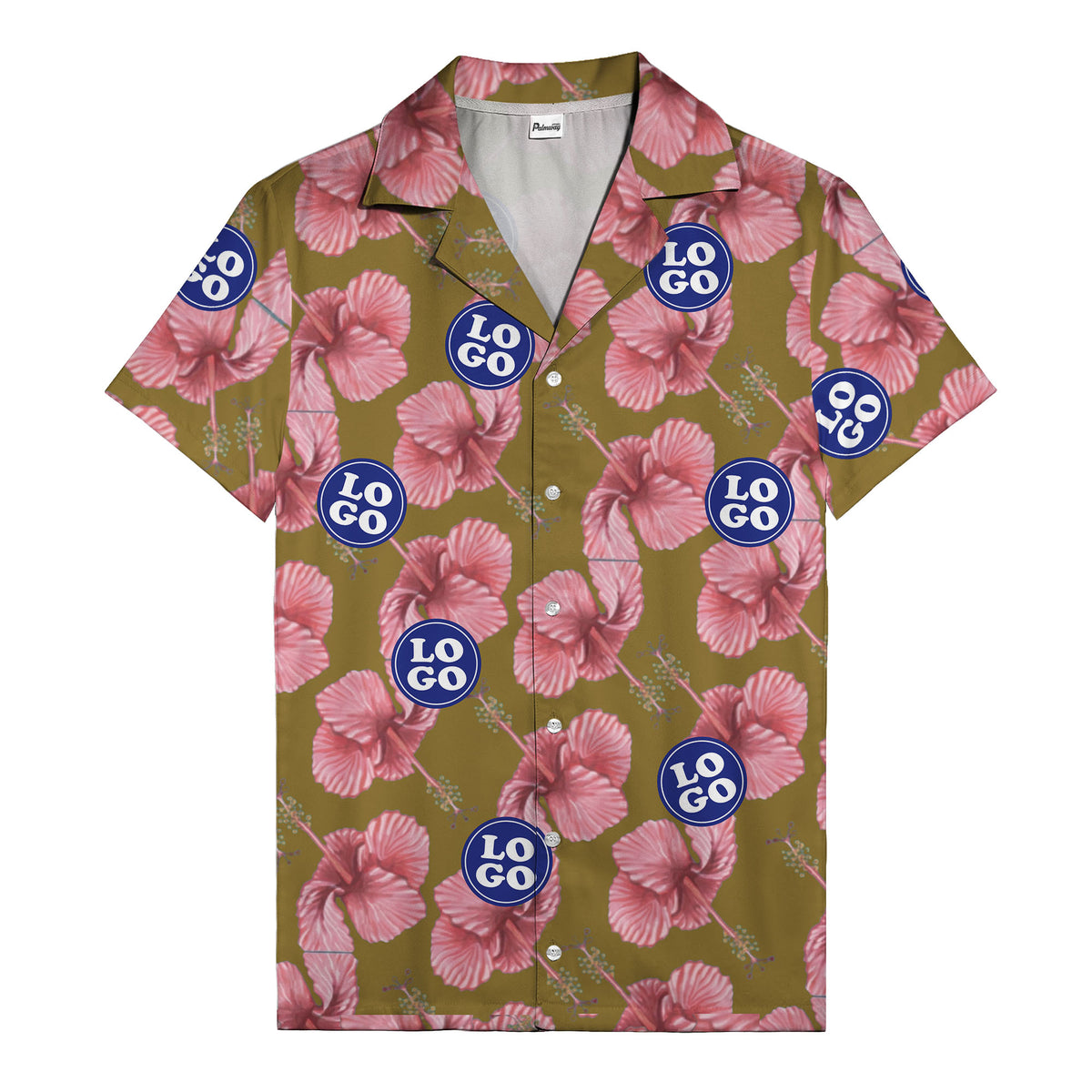 watercolor pink hibiscus & blue logo repeat aloha hawaiian shirt