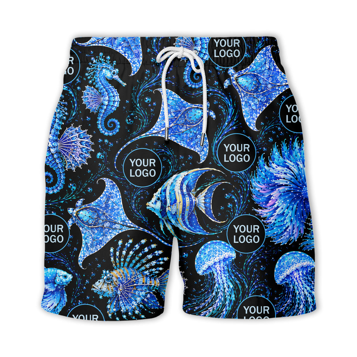 watercolor seahorses jellyfish navy blue hawaiian shirt
