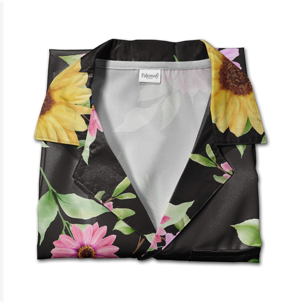 Watercolor Sunflower and Daisy Hawaiian Shirt with Lavender Accents on Black