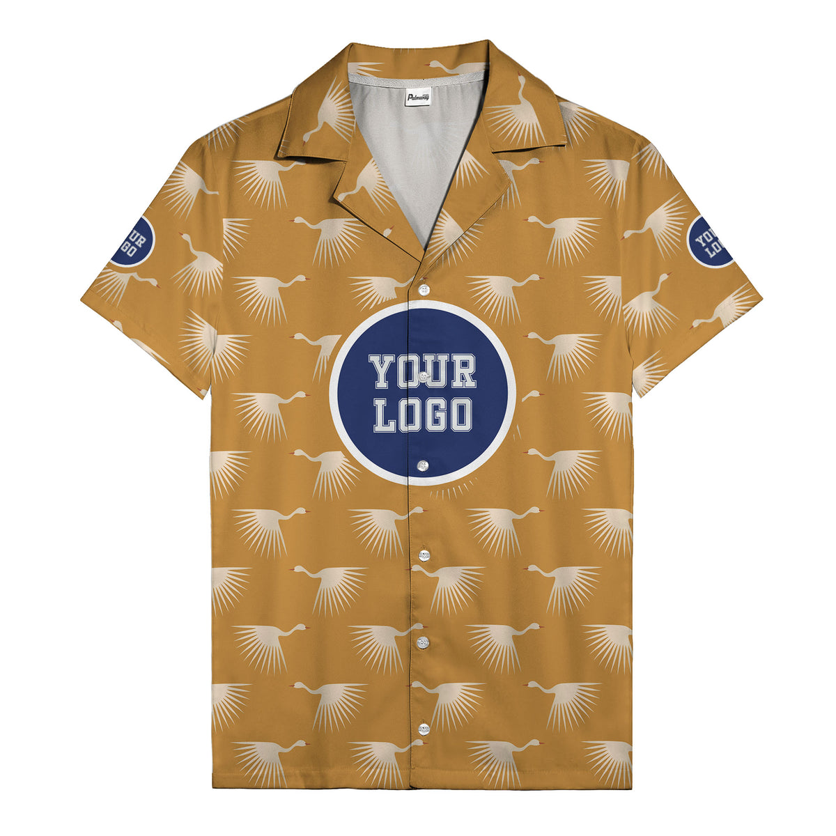 art deco crane silhouette logo beige navy hawaiian shirt