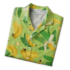 Cartoon Banana and Monstera Hawaiian Shirt on Pale Yellow