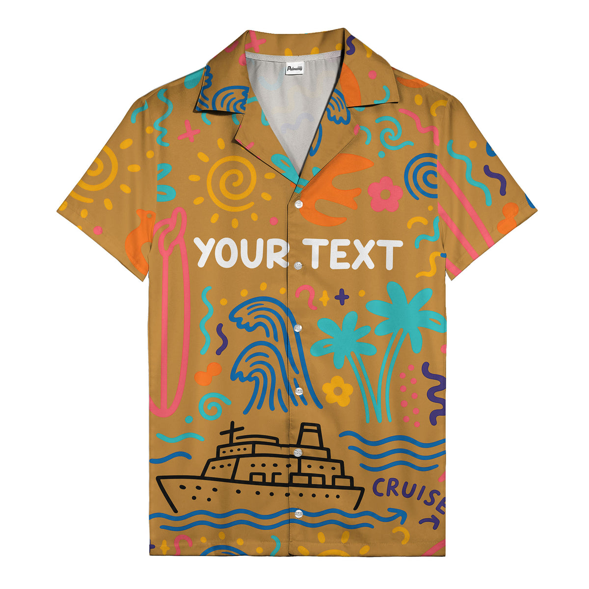 cartoon cruise ship palm trees surfboards wave hawaiian shirt