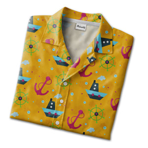 Cartoon Nautical Boat & Ship Wheel Hawaiian Shirt – Anchor & Bubble Design