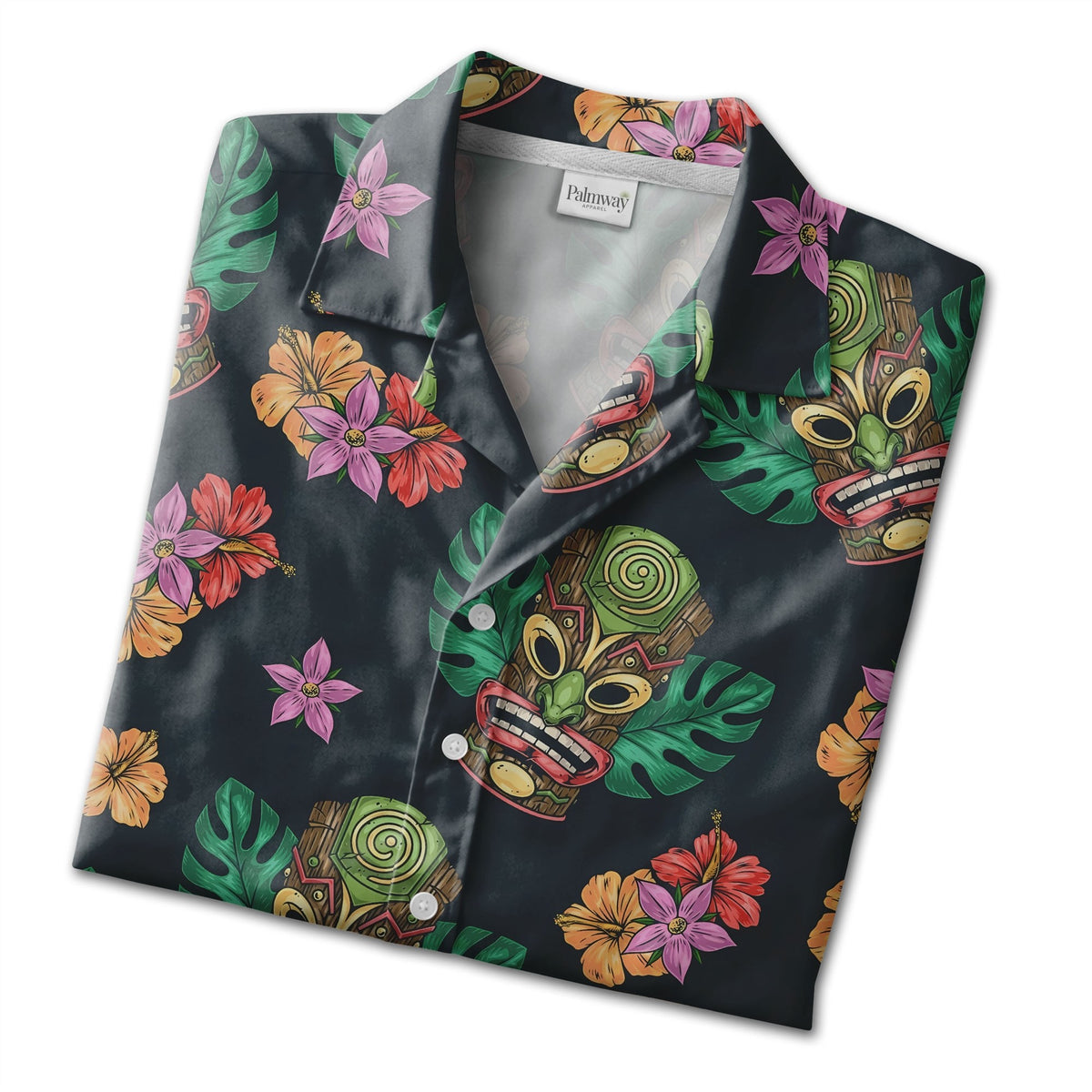 Colorful Tiki Mask Hawaiian Shirt with Hibiscus on Charcoal Grey