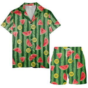 coral watermelon slices & bold green stripes fun cartoon hawaiian shirt