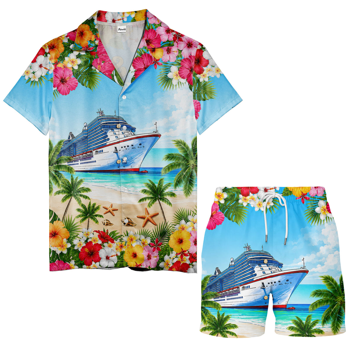 cruise ship hibiscus palm beach scene hawaiian shirt for men