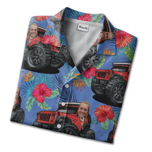 Custom Face Jeep Hibiscus & Palm Leaf Tropical Hawaiian Aloha Button Down Shirt Hawaiian Shirt