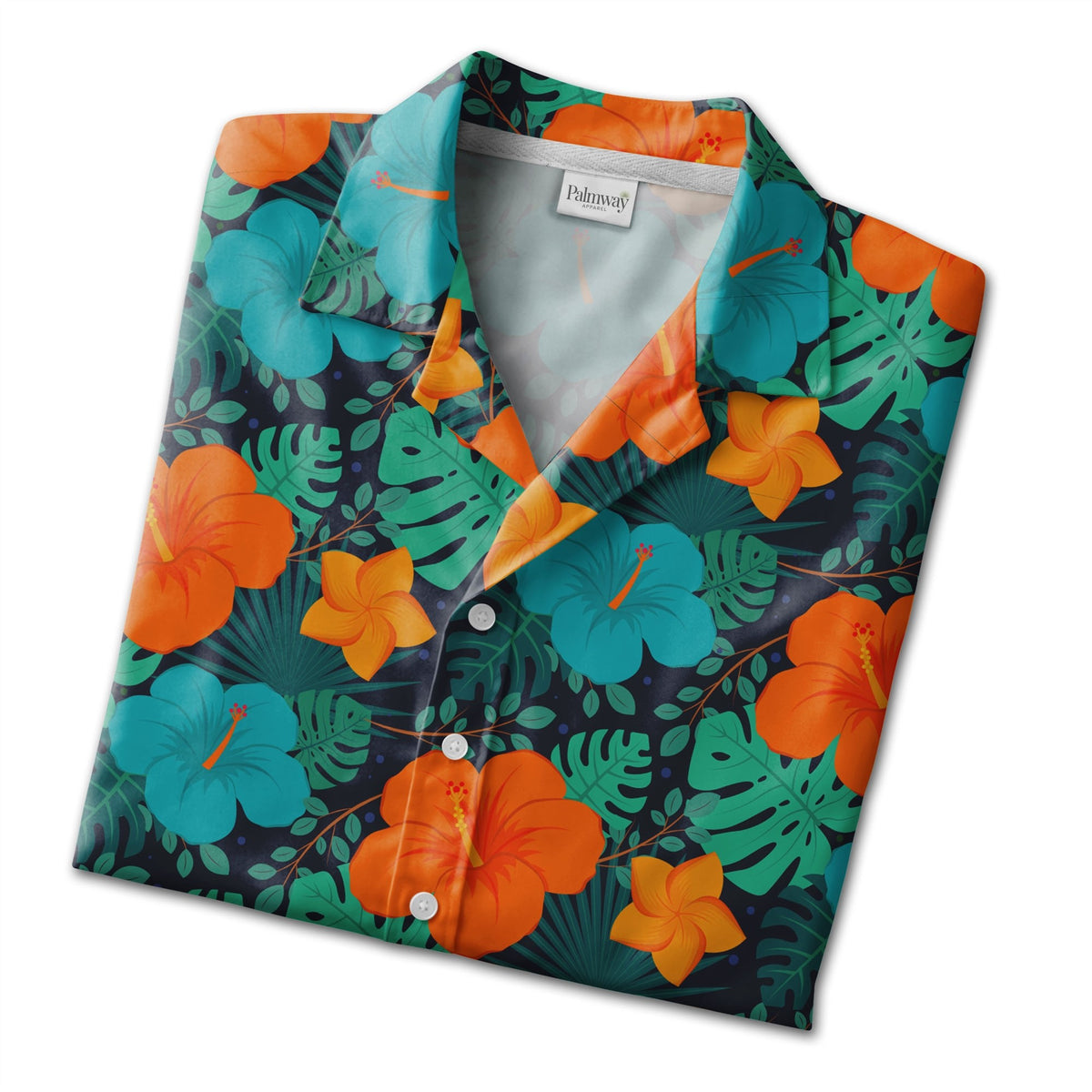 Deep Midnight Blue Vibrant Hibiscus Hawaiian Shirt with Plumeria and Fan Palm